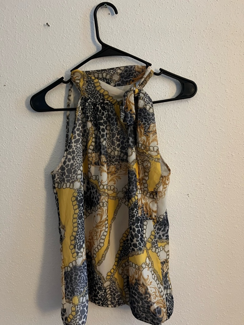 New York & Company Yellow Black White Patterned Sleeveless Halter Top